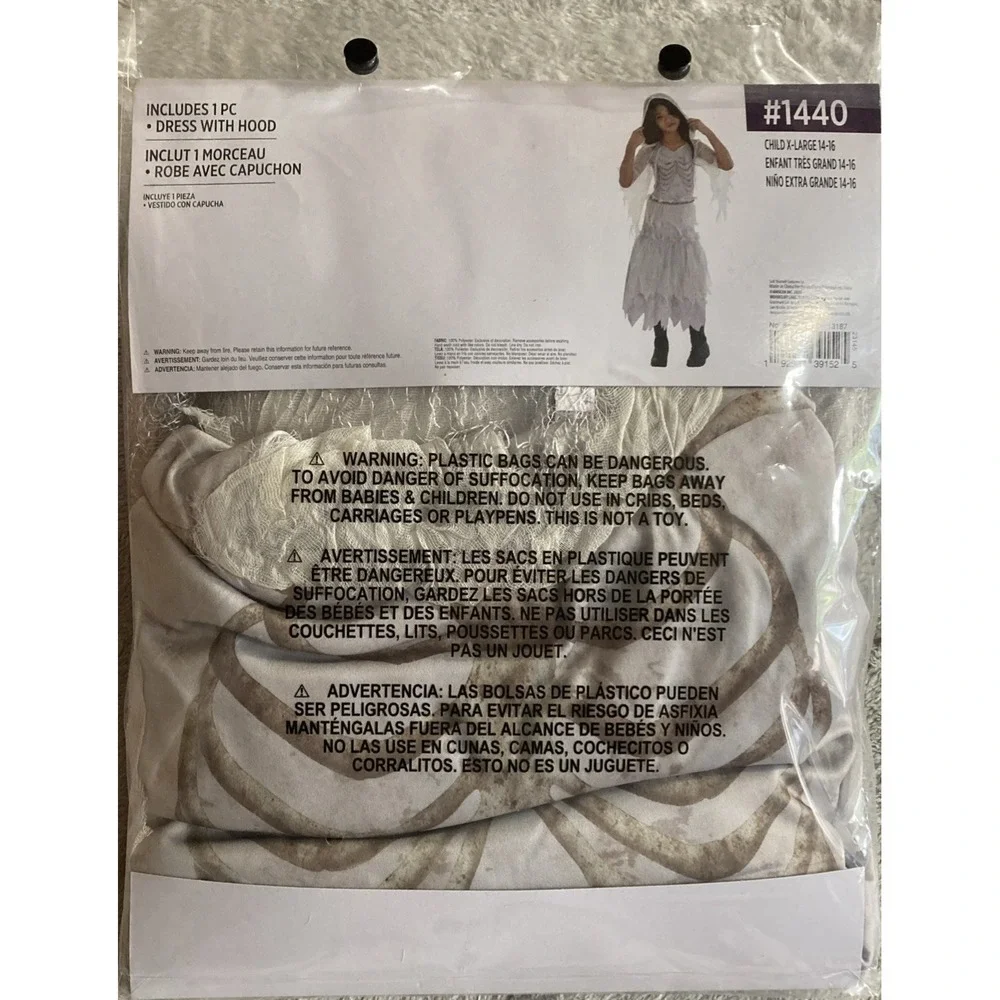 Ghost Girl Skeleton Halloween Costume Dress With Hood Size Child XL 14-16 New - Picture 2 of 6